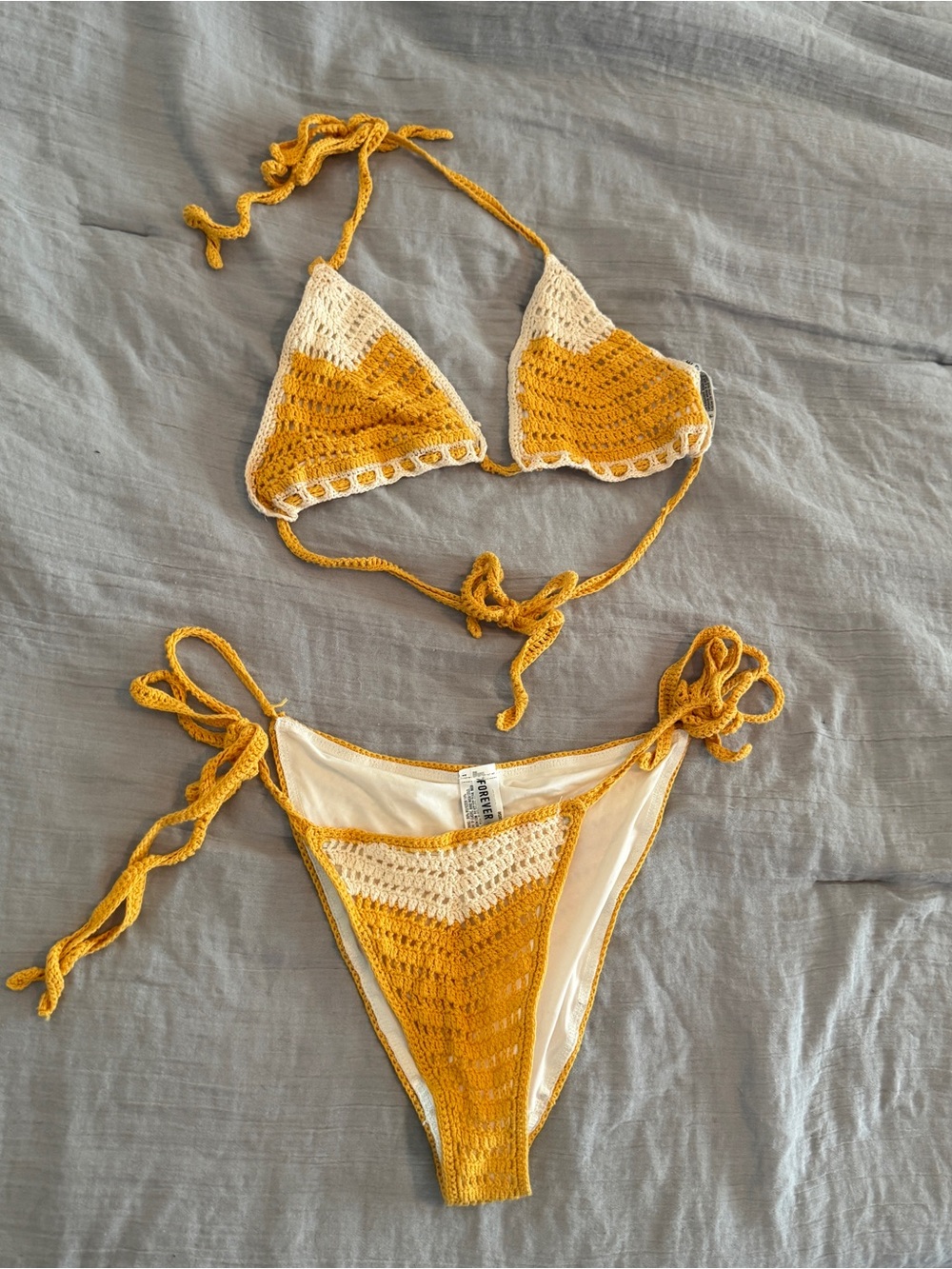 Forever 21 Yellow and Cream Crochet Bikini Set